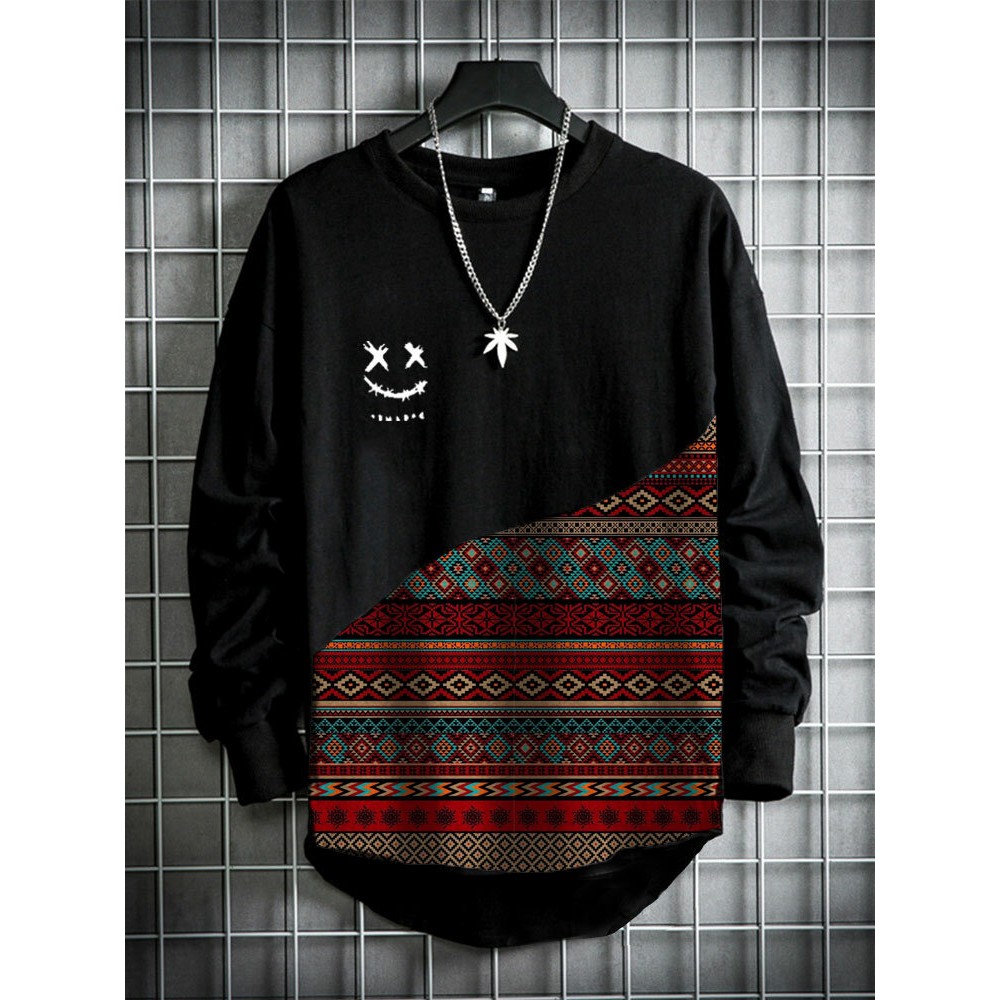 Mens Smile Vintage Geometric Print Patchwork Curved Hem T-Shirts Winter Mens Smile Vintage Geometric Print Patchwork Curved Hem T-Shirts Winter