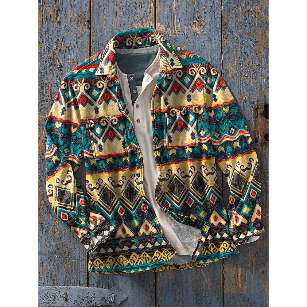 Mens Allover Ethnic Geometric Print Double Pocket Long Sleeve Shirts Winter Mens Allover Ethnic Geometric Print Double Pocket Long Sleeve Shirts Winter