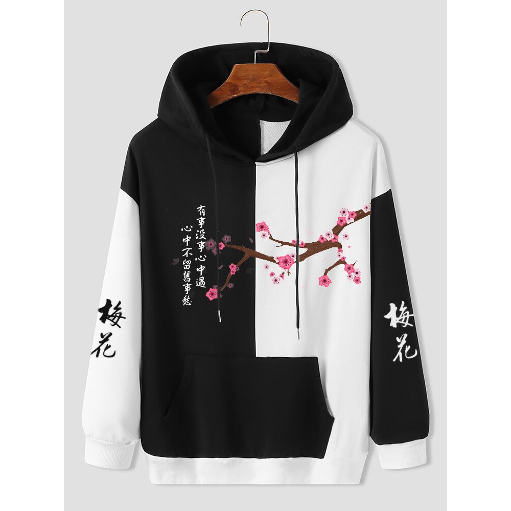 Mens Chinese Plum Bossom Print Patchwork Drawstring Hoodies Winter Mens Chinese Plum Bossom Print Patchwork Drawstring Hoodies Winter