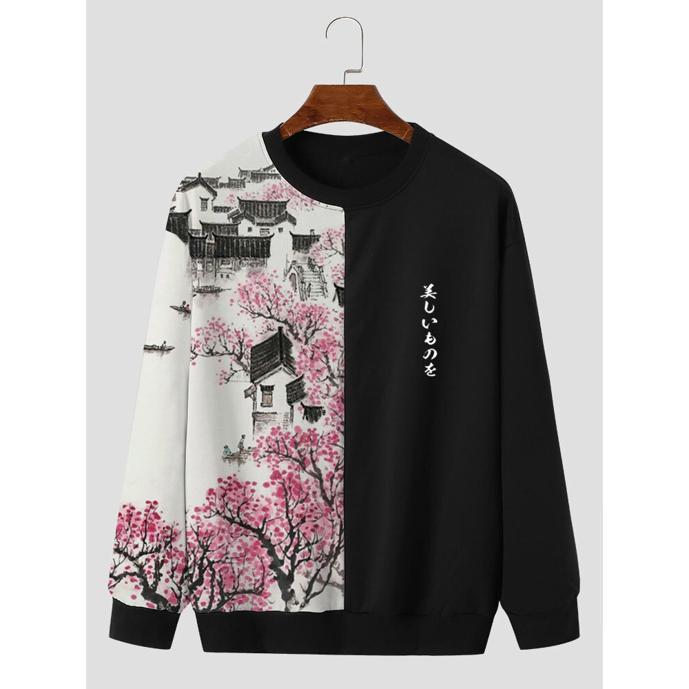 Mens Landscape Print Patchwork Crew Neck Pullover Sweatshirts Winter Mens Landscape Print Patchwork Crew Neck Pullover Sweatshirts Winter